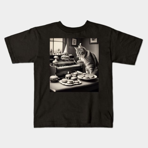 piano playing cat with burgers on his birthday Kids T-Shirt by Catbrat